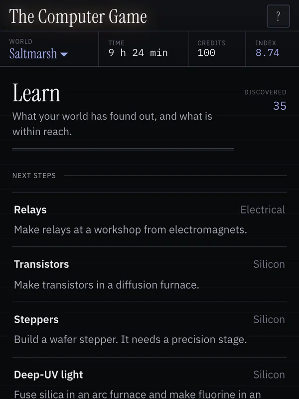 The Learn panel: next steps such as relays, transistors and steppers, and progress on each road.