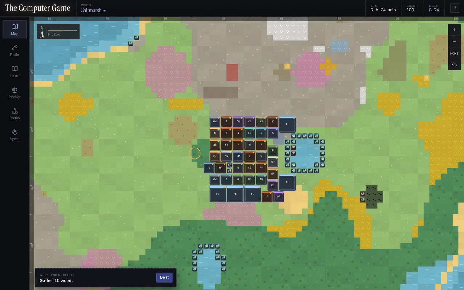 The game on a computer: navigation plates on the left, instruments for world, time, credits and Compute Index across the top, and a survey map with rulers, a north arrow and a dense block of buildings.